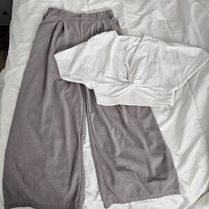 Halara Lot Wide Leg Grey Pants M Petite with White Twist Crop Top Size Medium